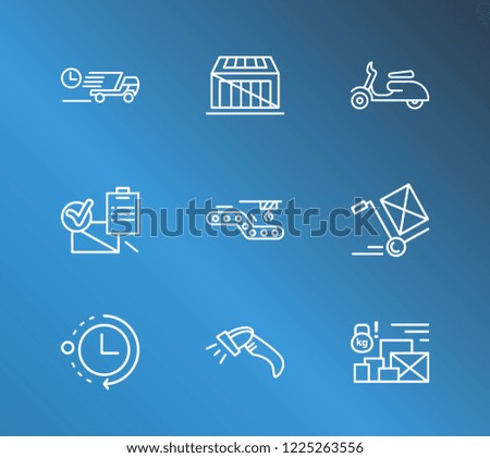 Delivery icon set and scooter with processing time, express delivery and conveyor. Distribution related delivery icon vector for web UI logo design.