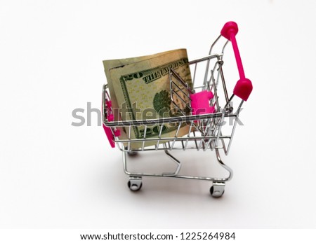 Dollar bill collect on shopping cart.Concept of money. Copy spase, spase for text.