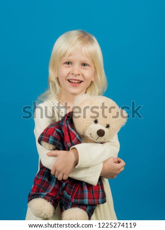 My best friend. Little girl with teddy bear. Small girl hold toy bear. Little child with soft toy. Small kid happy smiling. Happy childhood. My favorite childhood toy.