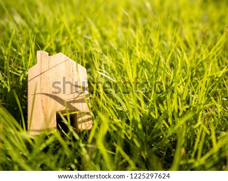 Wooden house in green lawn and lighting sunset