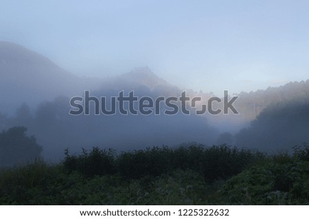 Mountains full of morning mist.