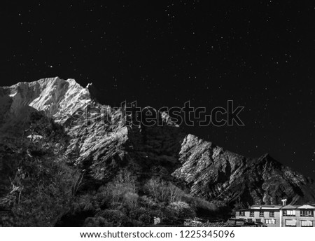 Tengboche Monastery at night in moon light - Everest region, Nepal, Himalayas (black and white)