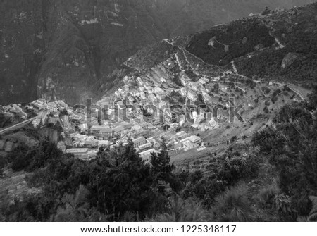 Namche Bazar - the capital of the Sherpas on a sunny day - Everest region, Nepal, Himalayas (black and white)