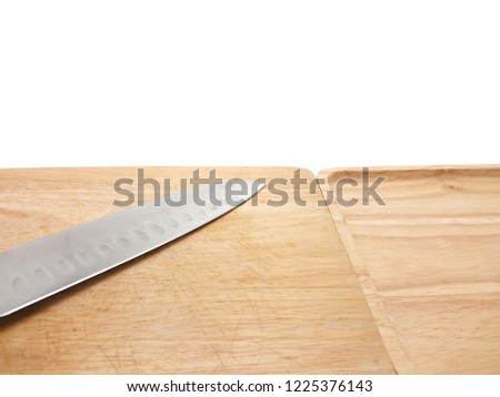 Knife on the chopper board with wooden plate isolated on white background