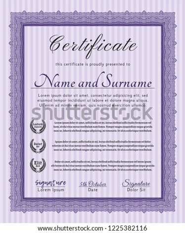 Violet Sample certificate or diploma. With guilloche pattern. Vector illustration. Perfect design. 