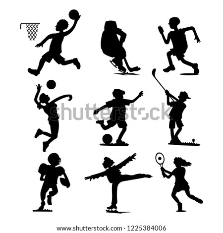 Health sport black silhouette wellness flat people characters sporting man activity woman athletic vector Illustration.