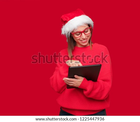 young pretty woman christmas concept. editable background