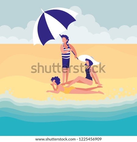 couple with beach clothes and umbrella