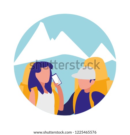 couple with climbing bag and smartphone