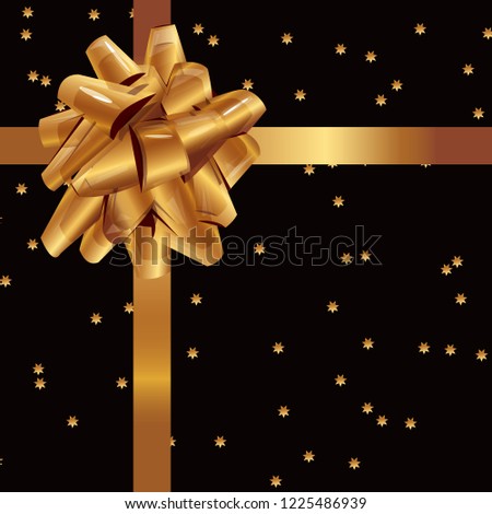 Decorative gold gift bow and black and starry background wrapping paper. Usable foe posters, prints, wrapping paper and stationary. Vector illustration. 