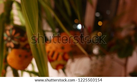 a yuka palm leafe in focus infront of a window and colored flowersticker