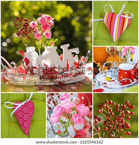 Collage of different roses and heart pictures in a garden