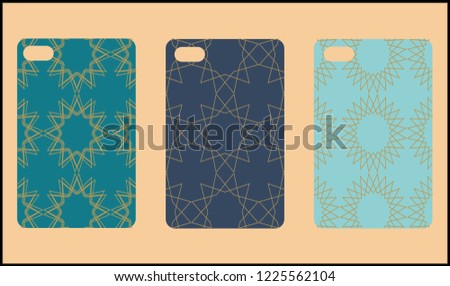 Phone case mockup. Memphis pattern background. Gradients geometric shape style. Smartphone cases set. Vector illustration