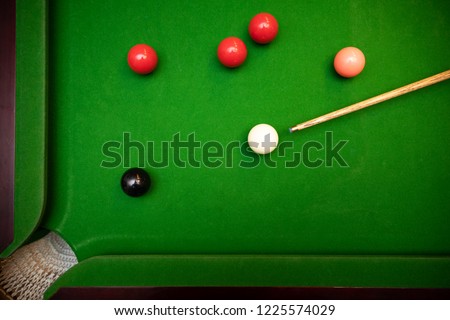 black ball shot in snooker game. top view Royalty-Free Stock Photo #1225574029