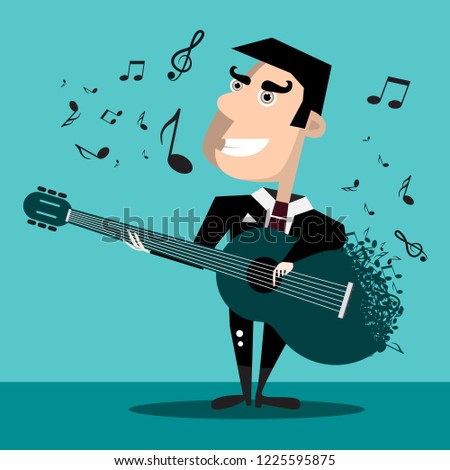 Famous Singer with Guitar and Notes. Vector Music Design on Blue Background.