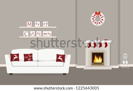 Living room, decorated with Christmas decoration. The room has a fireplace, a white sofa with red pillows, a Christmas wreath with red decorations, and other objects. Vector illustration.