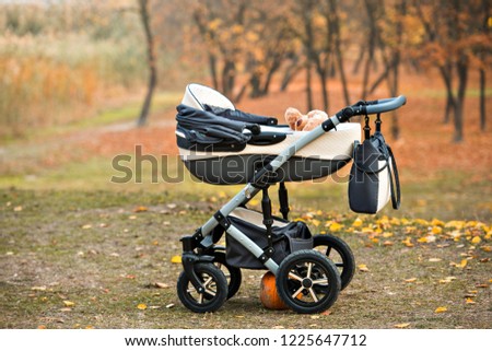 The pram stands alone in the park. Golden autumn. Landscape in warm colors Royalty-Free Stock Photo #1225647712