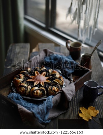 Poppy seed pie with fall decoration rustic