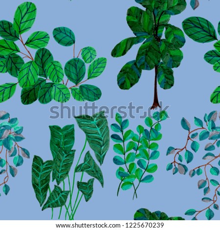 Creative seamless pattern with tropical leaves. Trendy hand draw texture. 
