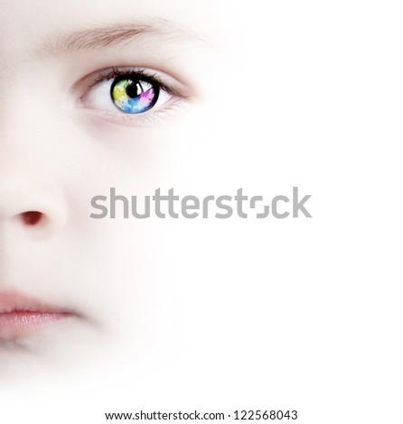 White Background With Beauty Child's Colorful Eye With Map