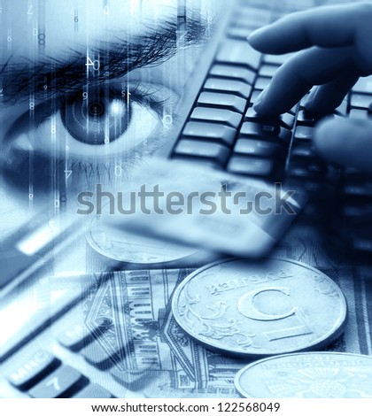 Abstract Background With Money, Numbers, Woman's Eye, Calculator, Computer Keyboard, Credit Cards And Hands Royalty-Free Stock Photo #122568049
