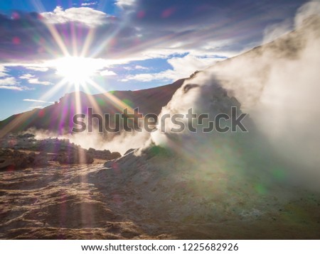 Sun in the geothermal field of Hverir, Iceland