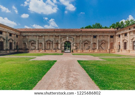 View of the inner courtyard and entrance of Te Palace, in Mantua, Italy Royalty-Free Stock Photo #1225686802