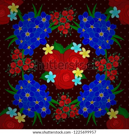 Modern forget-me-not flower pattern with royal flowers. Colored orient pattern in brown, blue and red colors. Seamless floral ornament.