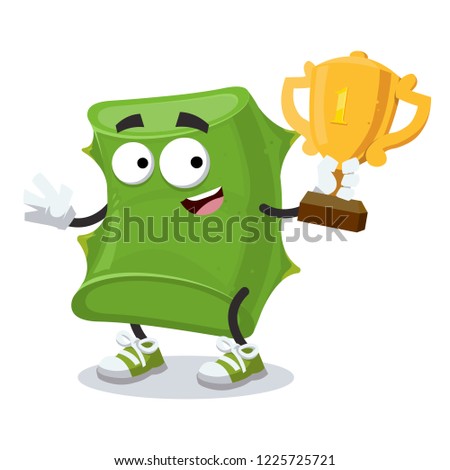 cartoon slice aloe vera mascot holds the number one cup on white background