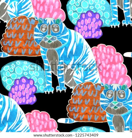Creative seamless pattern with hand drawn tiger in tropical forest. Trendy style.

