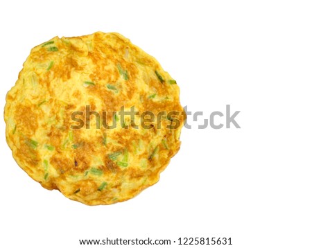 Top view of omelette (Omelet) with green onion isolated on white background. Simple, Still life food. Asian style. Copy space. Popular in Thailand. Royalty-Free Stock Photo #1225815631