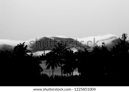 Evening misty view of a mountains. black and white pictures