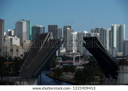 Miami Florida open drawbridge with cityscape