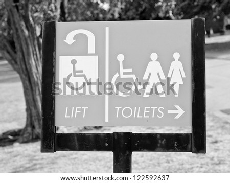 Disabled lift and toilets sign
