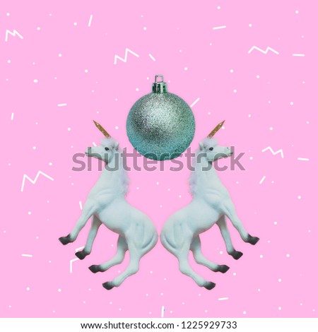Christmas tree decoration ball and unicorn horses. Contemporary art collage. Concept of memphis style posters. Abstract surrealism and minimalism