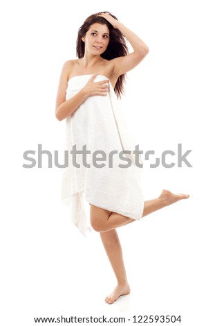 Young beautiful caucasian woman after bath full portrait isolated over white