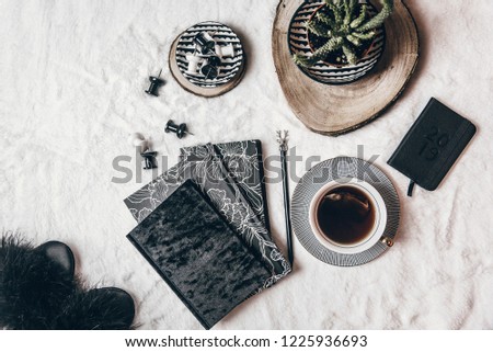 Women cozy flat lay with coffee cup , notepads and succulent. Lifestyle concept, home office, freelance. Blogger composition