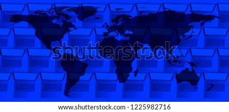 conceptual technology image of world map and laptop computers in a row. NASA world map image layered and used; www.nasa.gov , https://www.flickr.com/photos/gsfc/sets/72157632172101342