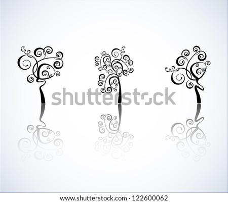 Set beautiful trees, black silhouette isolated on a white background with shadow
