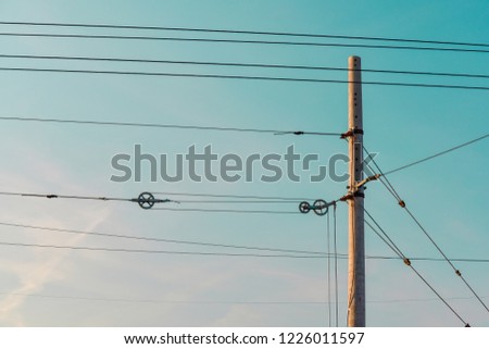 Wires at the railway station against the beautiful sky. Krasnoyarsk. Russia. 