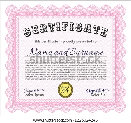 Pink Certificate of achievement. With complex background. Elegant design. Detailed. 
