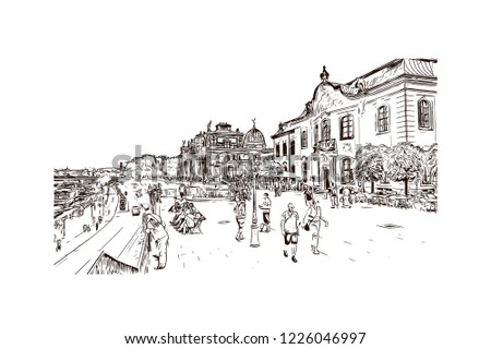 Building view with landmark of Dresden, capital of the eastern German state of Saxony. Hand drawn sketch illustration in vector.