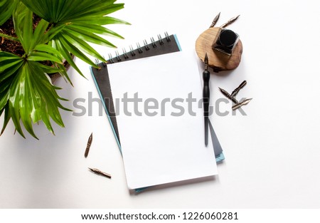Black ink and ink bottle and green plant, blank sketchbook page mockup and ink pen on a white background; top view, flat lay; overhead view