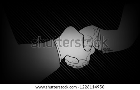 Vector illustration of business handshake, symbol of success, happy agreement partnership, greeting shake, on black background.