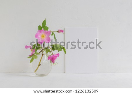 Mockup with a white frame and pink rose hips flowers in a vase on a light background