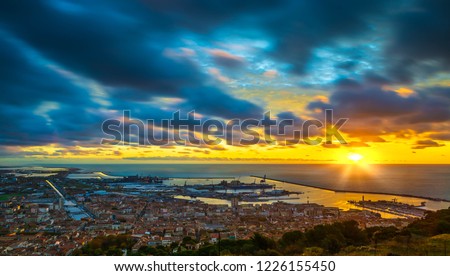 Panorama of the city of Sète from Mont-Saint-Clair at sunrise in Occitanie in France