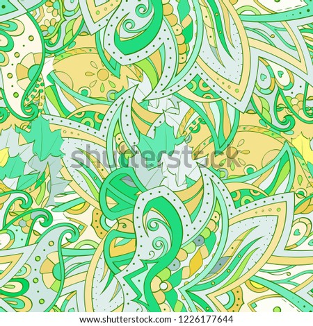 Tracery seamless pattern. Mehndi design. Ethnic colorful doodle texture. Curved doodling background. Vector