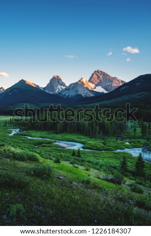 Beautiful view from the gravel road above Canmore near to Spray Lakes reservoir, land of black and grizzly bears, with a river in the foreground and the mountains in the backgroud lit by sunset light
