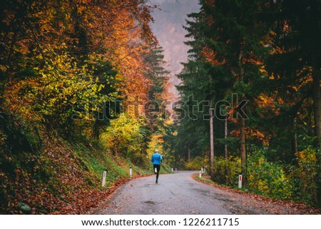 Autumn trail run in colorful carpathian forest