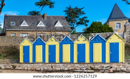 Bathing huts on the beach, Grande Plage, Brittany, Ile-aux-Moines 
